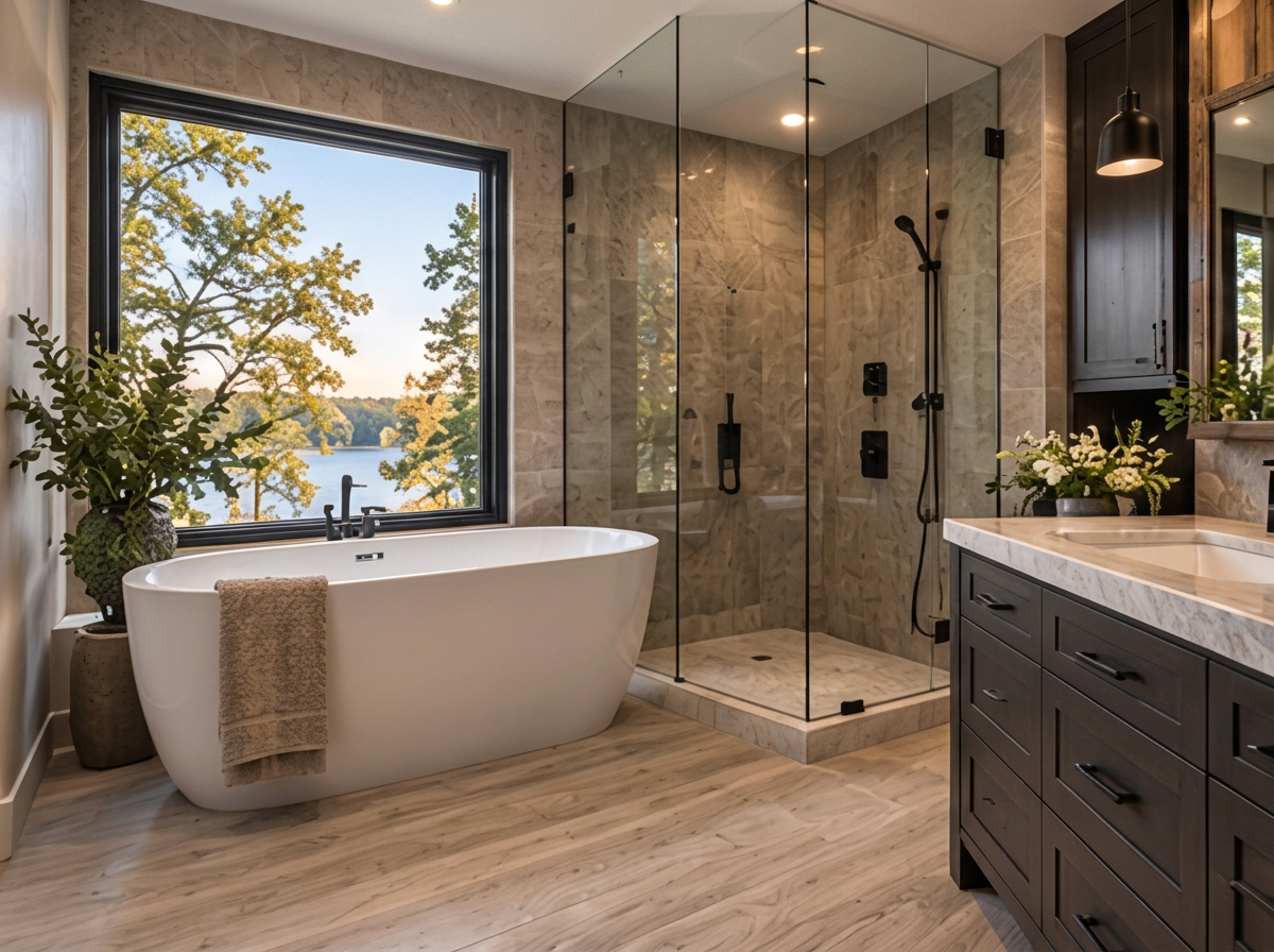 Primary bath with a freestanding tub and walk-in tile shower