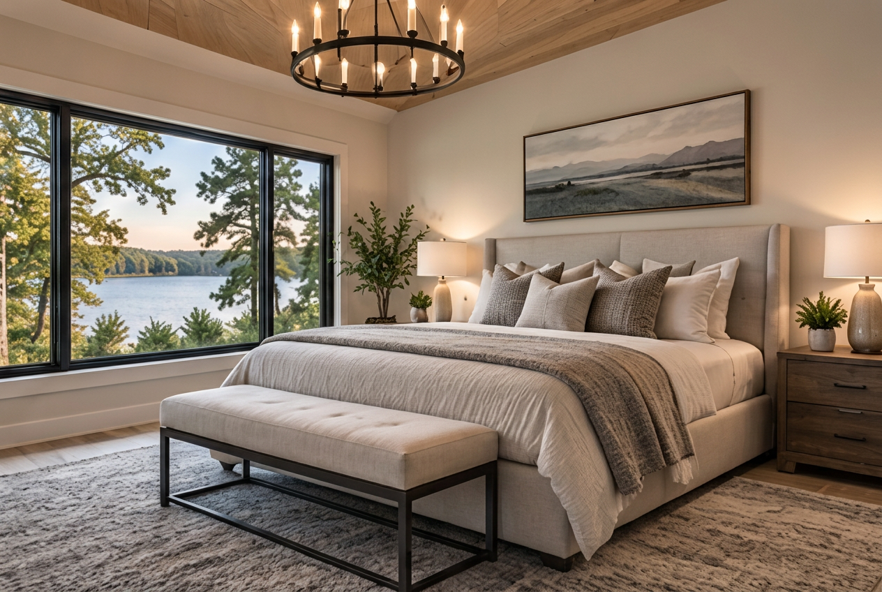 Primary bedroom with a beamed ceiling and a lake view