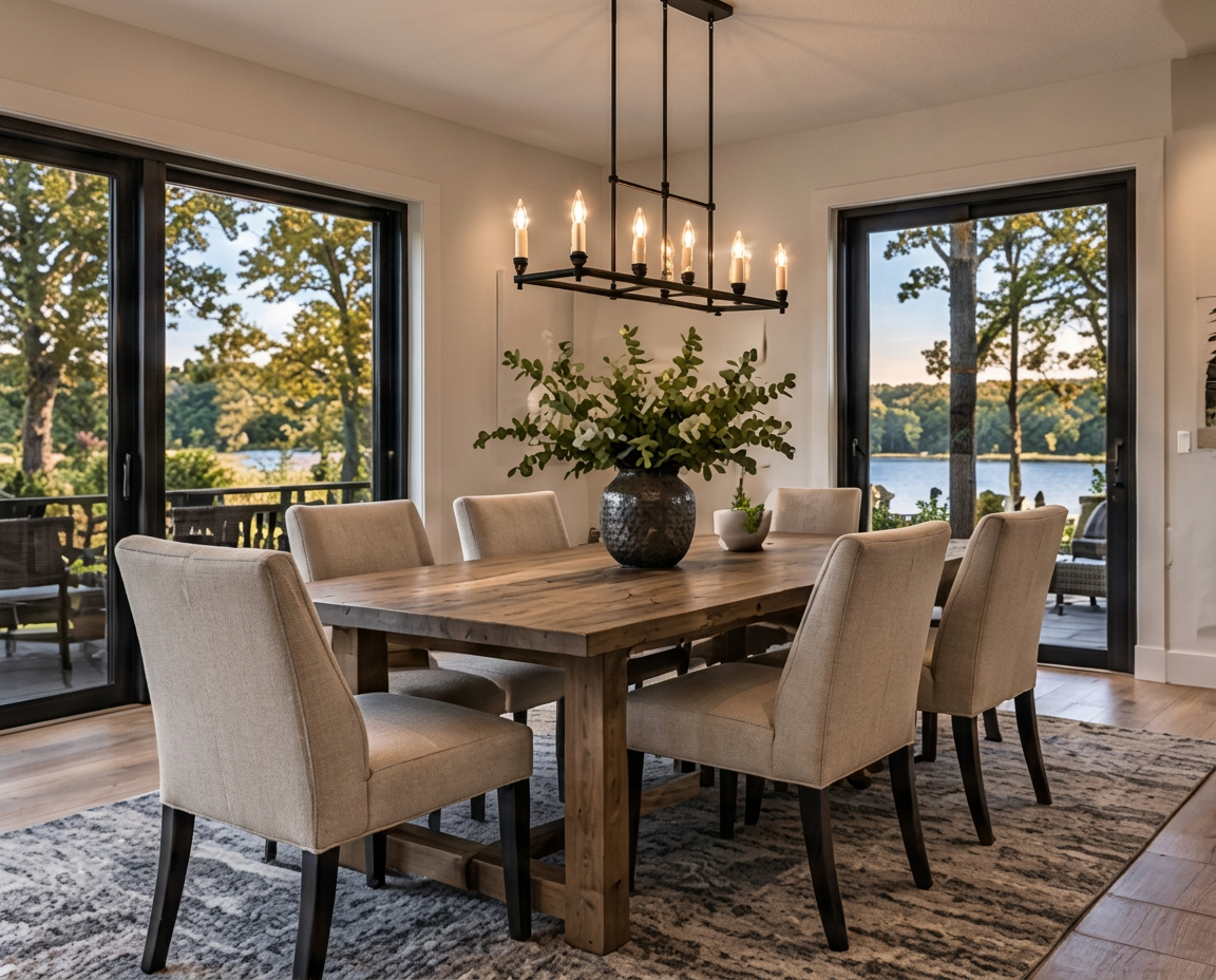 Dining room with a timber table and black-framed windows overlooking the lake