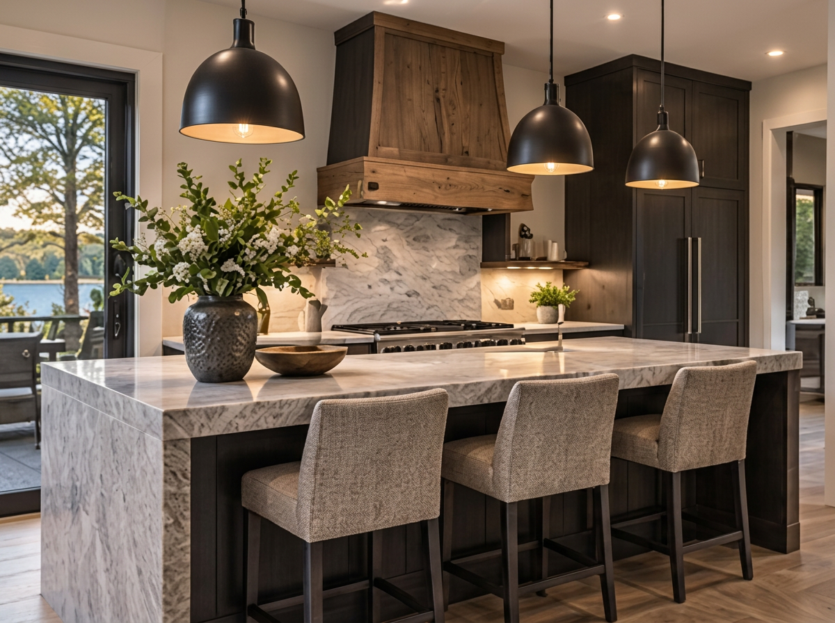 Kitchen with a marble waterfall island, dark cabinetry and a timber hood