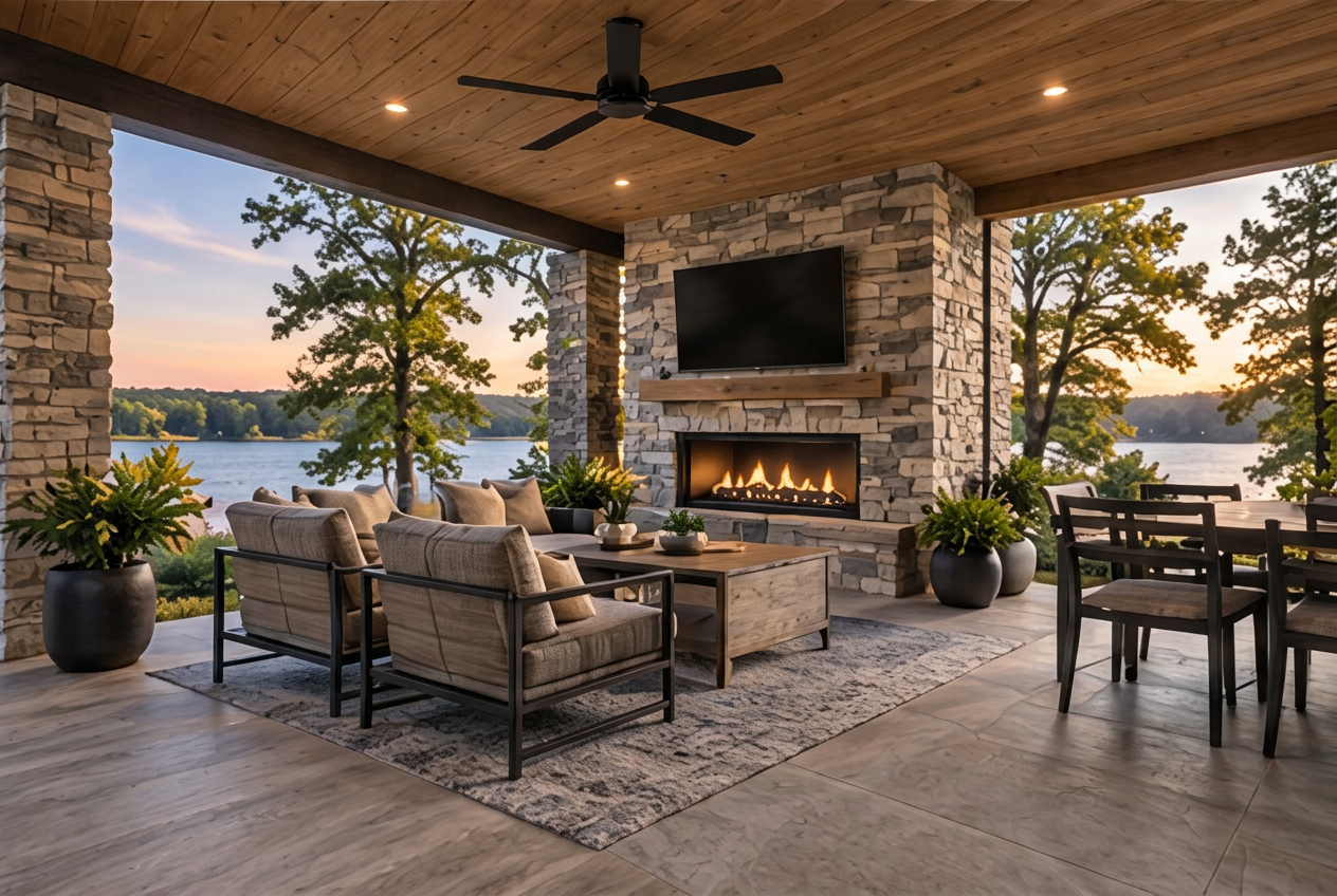 Covered outdoor living room with a stone fireplace overlooking the lake