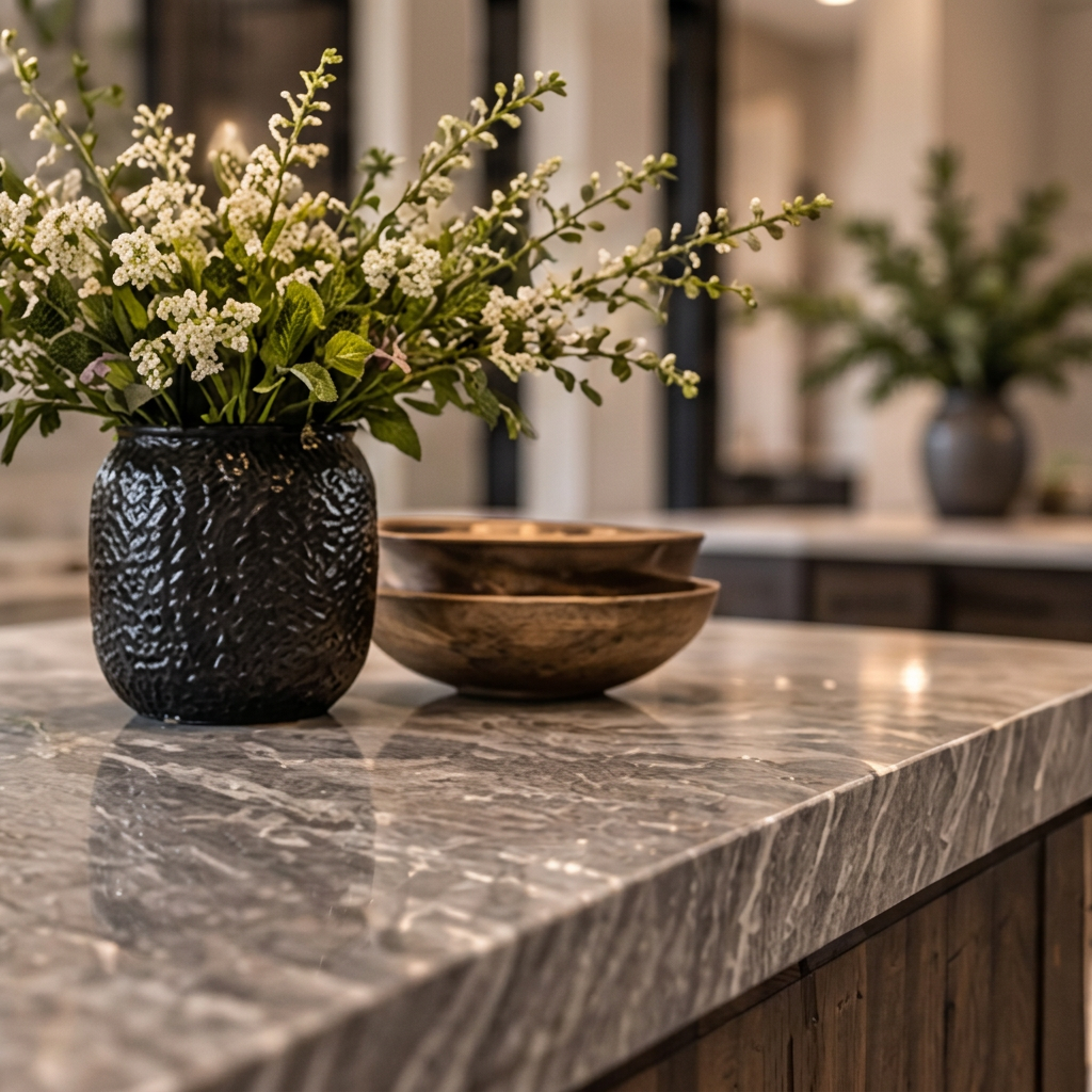 Kitchen vignette with stone counters, ceramics and fresh greenery
