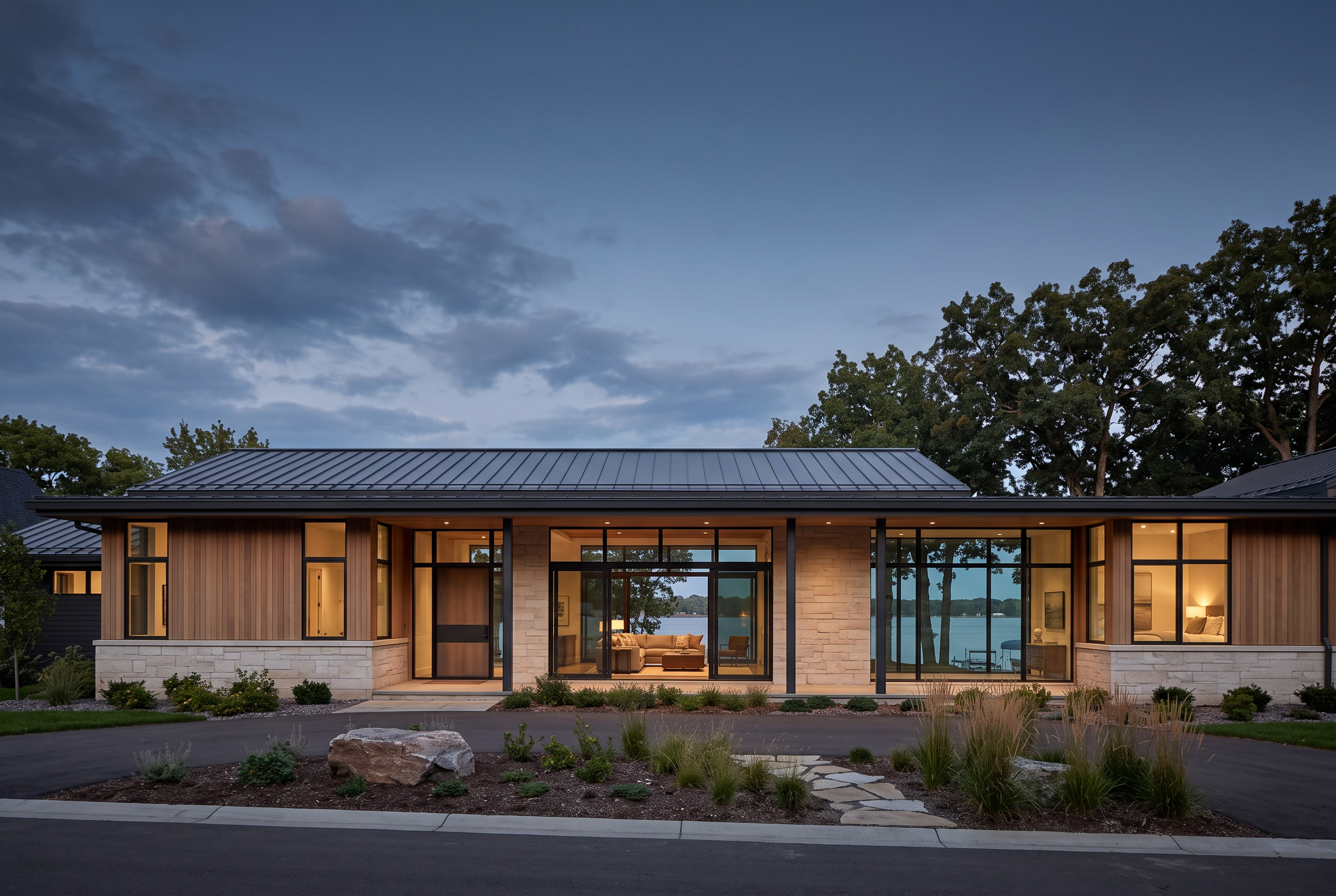 Low-slung one-story lakeside luxury villa with limestone, warm wood, broad glazing and a dark standing-seam roof